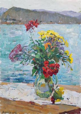 Bouquet on the background of the lake (Ohrid). Zhukova Juliya