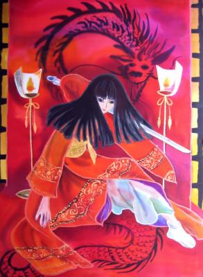 Arashi Kisu on the background of a carpet with a dragon