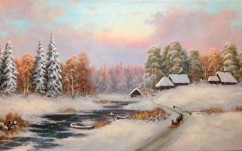 Village on the river bank, winter