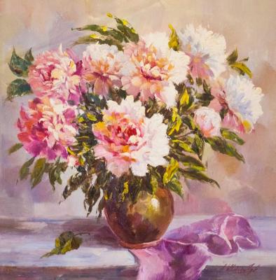 A luxurious bouquet of peonies in a clay vase