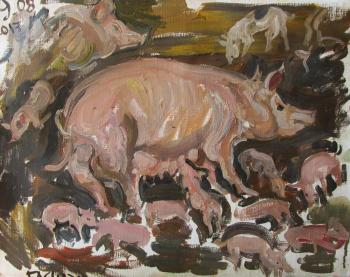 Pig with piglets in the pigsty. Dobrovolskaya Gayane