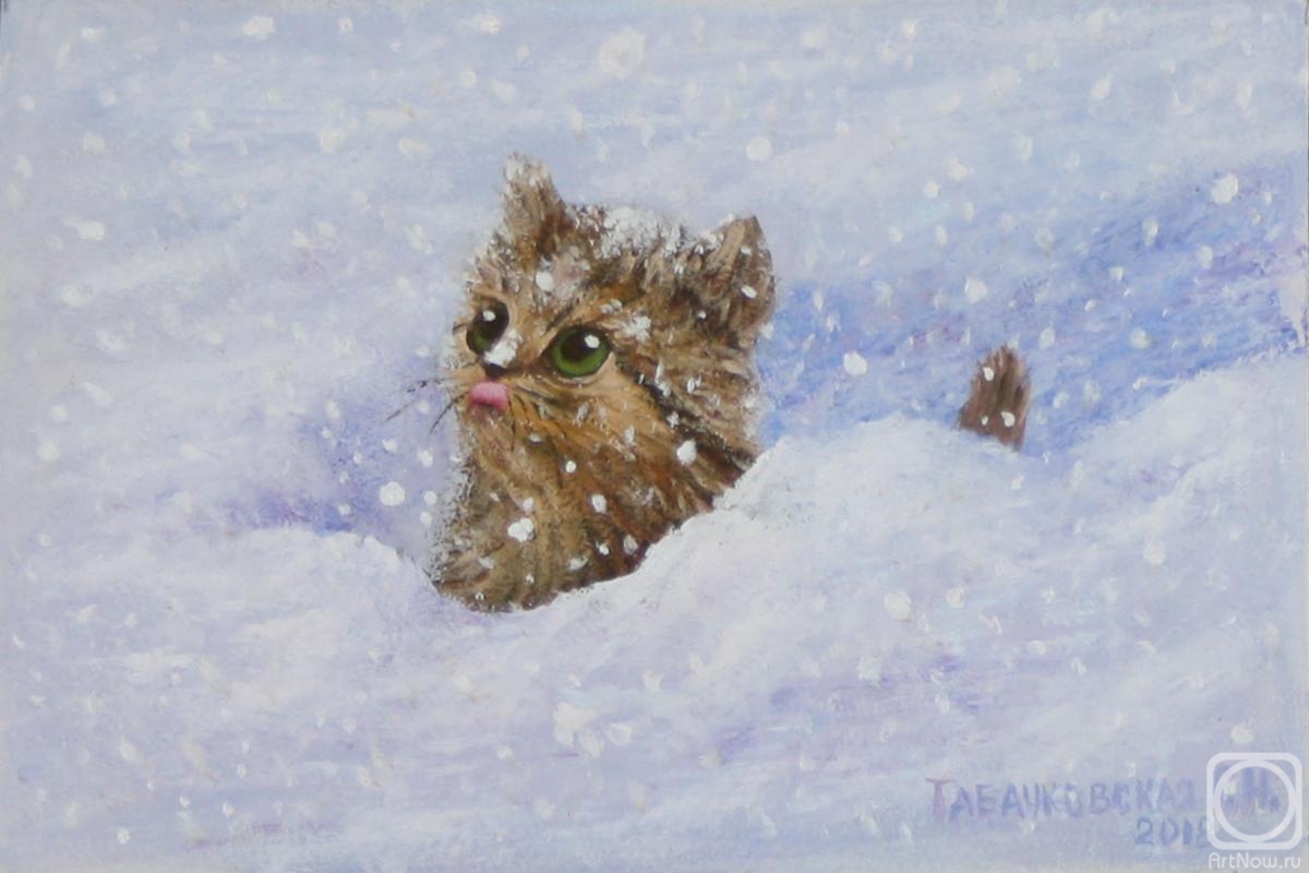 Котёнок в снегу» картина Кудряшова-Табачковской Галины (картон, масло) —  заказать на ArtNow.ru