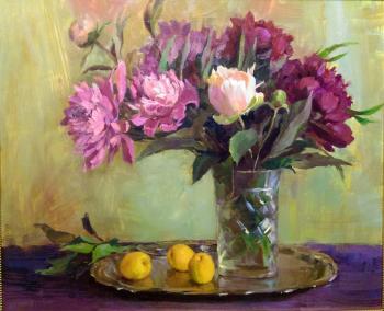 Still life with peonies and apricots
