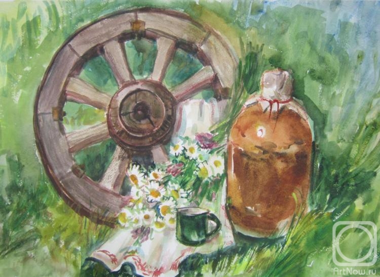 Kruppa Natalia. Still life with wooden wheel and kvass