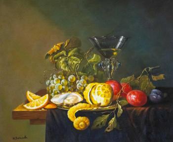 Copy of still life by Jan Davids de Hema. Still life with lemon, oysters and grapes