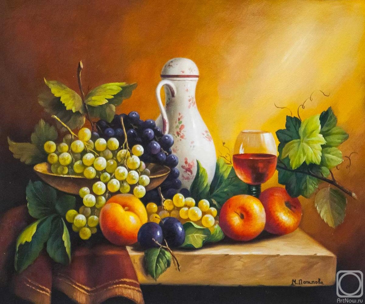 Potapova Maria. Still life with grapes, apples and plum