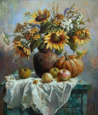 Still life with sunflowers and tansy
