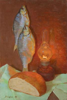 still life with a burning lamp