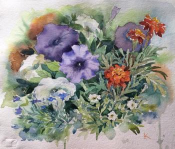 Petunias and marigolds. Kurnosenko Antonina