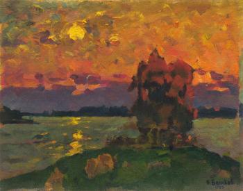 Autumn landscape with the setting sun over the lake