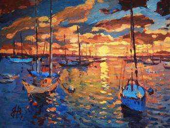 Vyrvich Valentin Nikolaevich. Boats at sunset (etude)