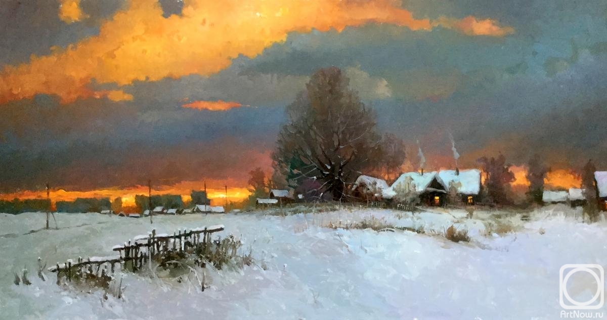 Bykov Viktor. Sunset in the village in winter