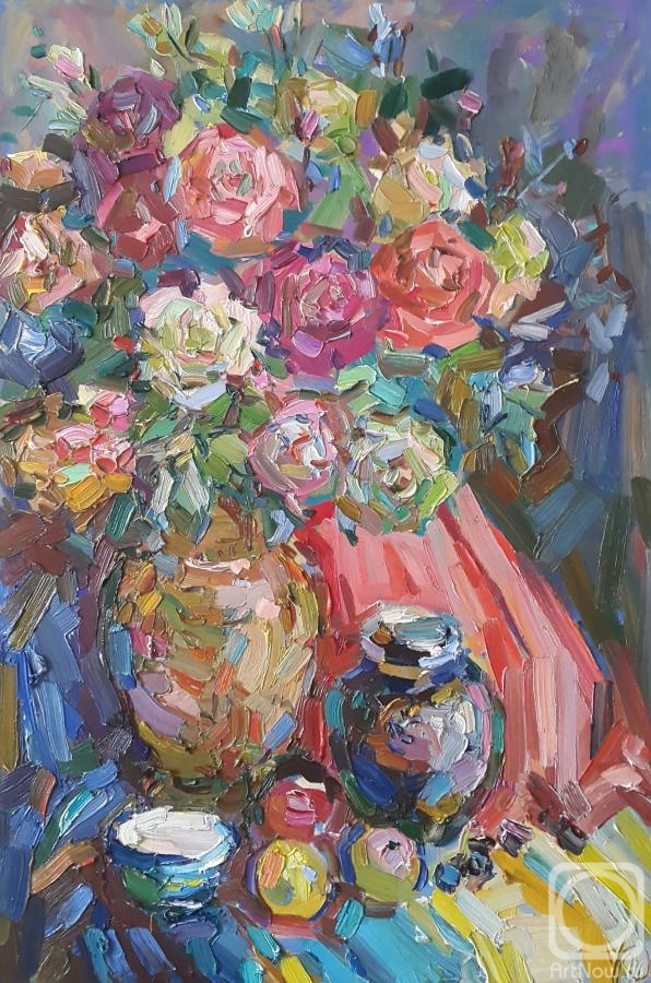 Dushechkina Olga. Still life with roses and vases