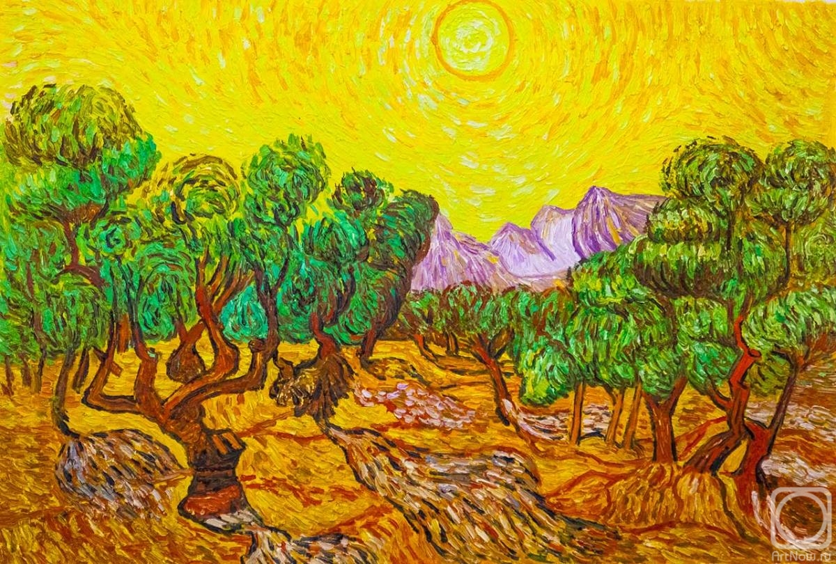Vlodarchik Andjei. A copy of Van Gogh's painting. Olive trees with a yellow sky and the sun , 1889