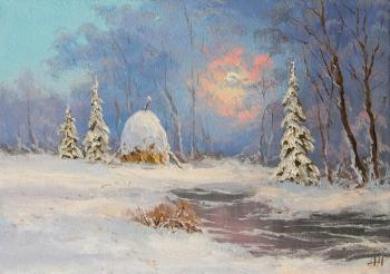 The icy expanse of the stream in the sunset. Lyamin Nikolay