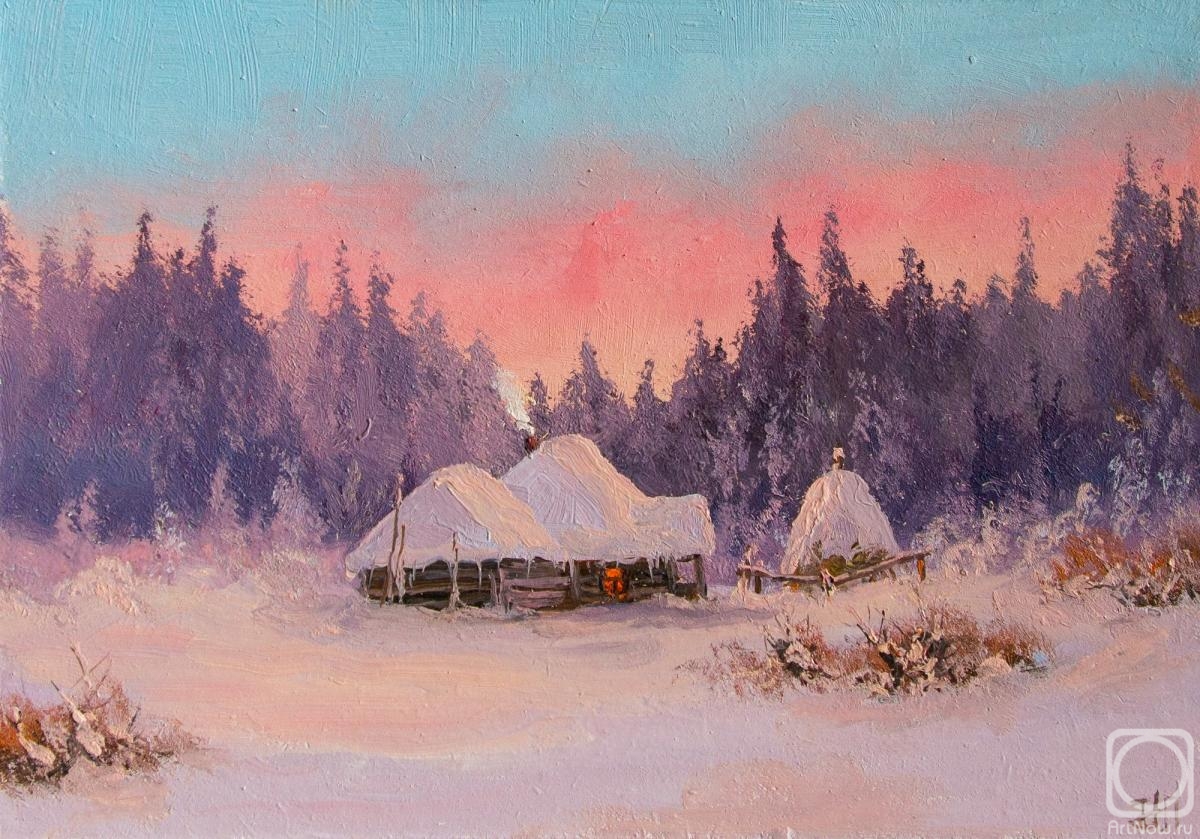 Lyamin Nikolay. Farm in the rays of a winter sunset