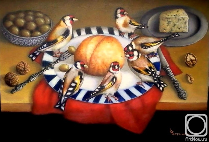 Bobrisheva Julia. Still life with goldfinches and red napkin