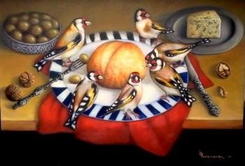 Still life with goldfinches and red napkin. Bobrisheva Julia