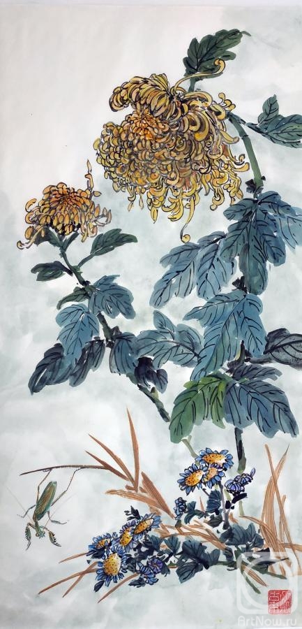 Mishukov Nikolay. Chrysanthemums and praying mantises