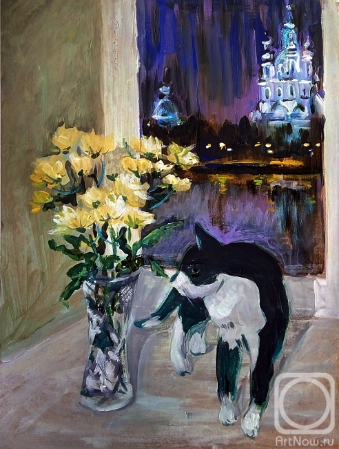 Kataeva Galina. Cat and flowers
