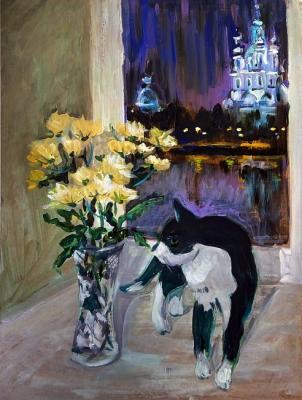 Cat and flowers. Kataeva Galina