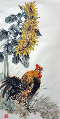 Sunflowers and rooster