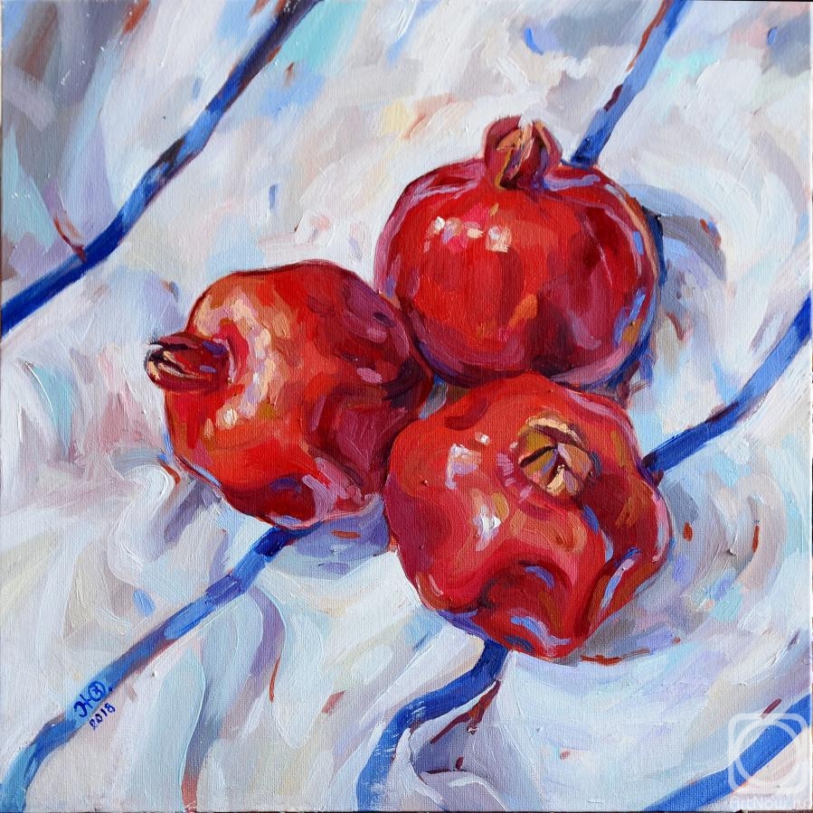 Zhukovskaya Yuliya. Three pomegranate on white
