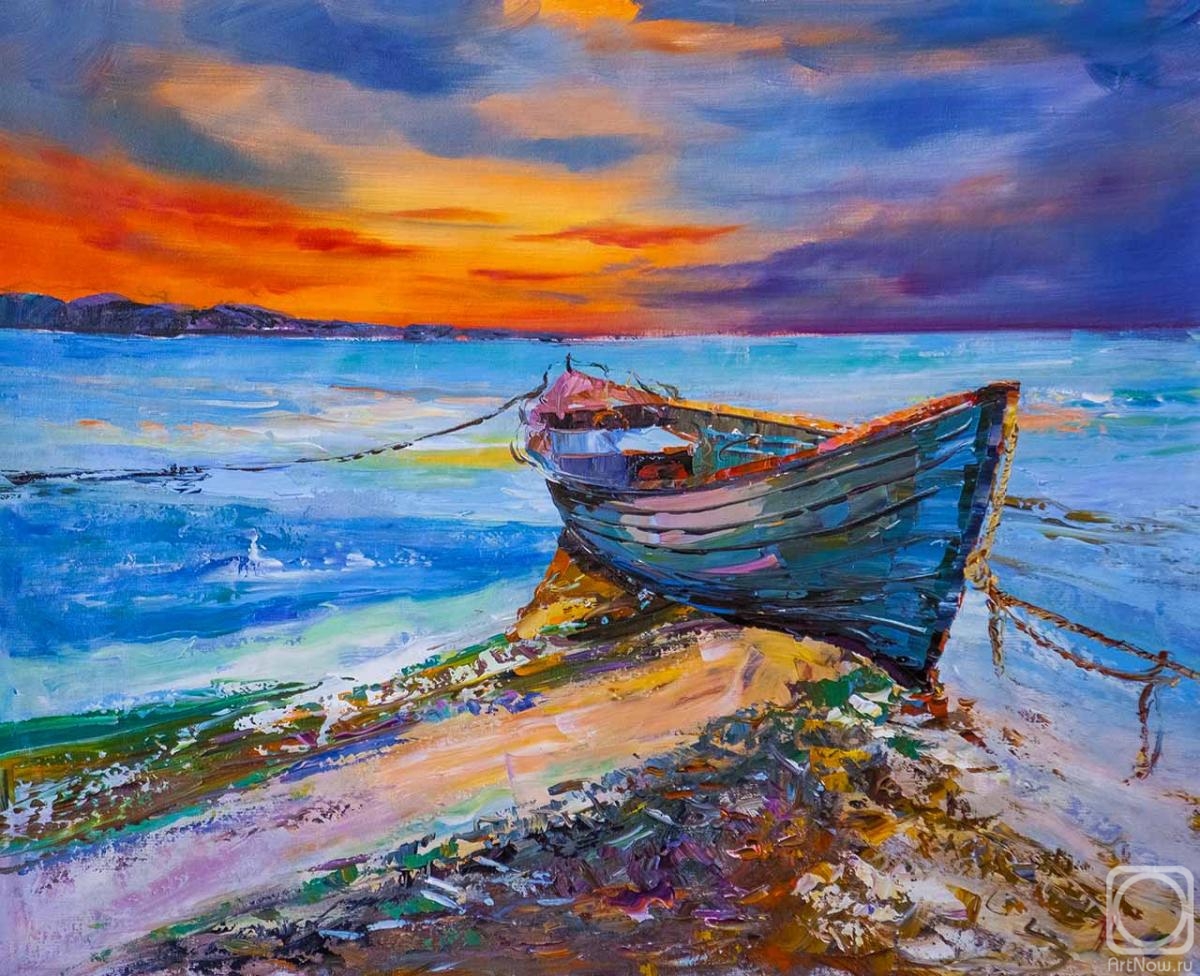 Rodries Jose. Blue boat on the ocean. Sunset