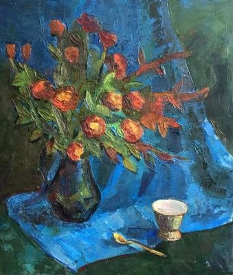 Blue still life with red dragons (Flowers-Dragons). Chebotareva Lyubov