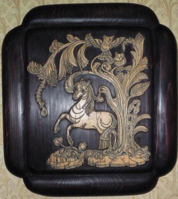 Panel "Horse that loved to dance under the stars" (Carving On Birch Bark). Piankov Alexsandr