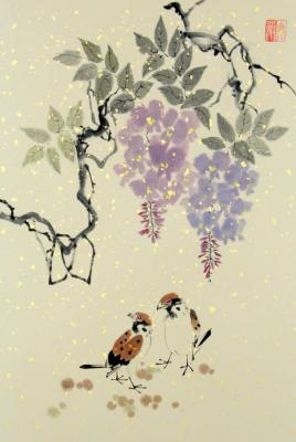 Sparrows and wisteria. Engardo Anna