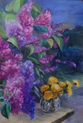 Bouquet of dandelions and lilac bush