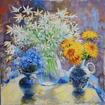 Still life with dandelions, forget-me-nots and asterisks (A Picture About Spring). Simonova Olga