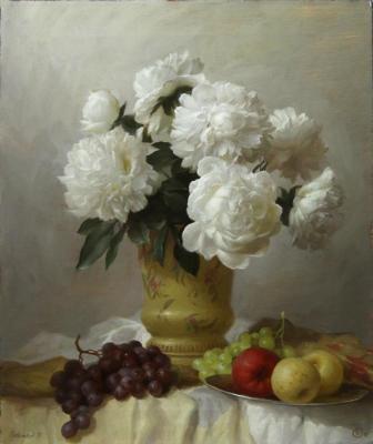 Peonies, apples