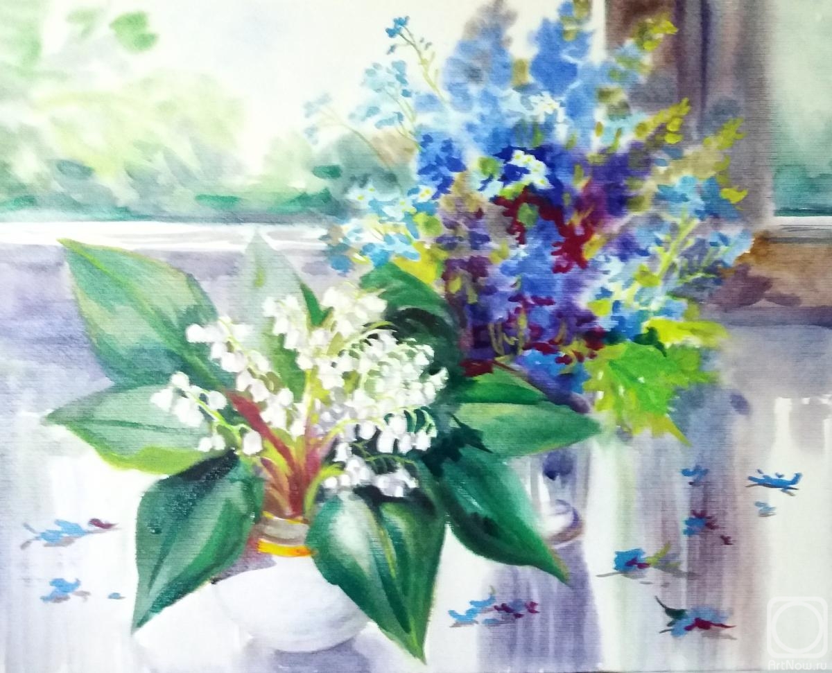 Mikhalskaya Katya. Lilies of the valley and forget-me-nots on the window