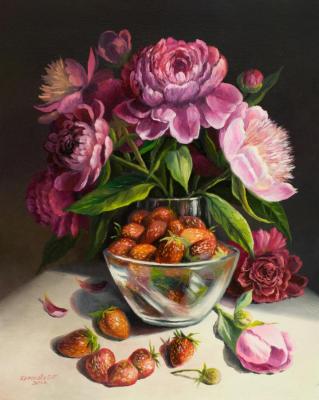 Still life with peonies and strawberries