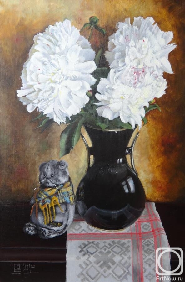 Soloviev Leonid. Still life with peonies and stuffed toy