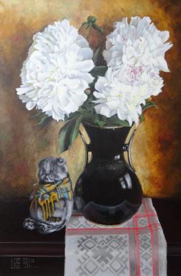 Still life with peonies and stuffed toy. Soloviev Leonid