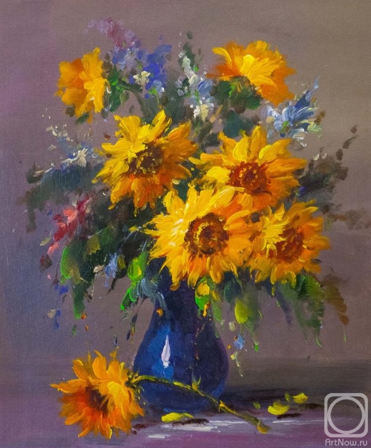 Vlodarchik Andjei. Bouquet of sunflowers in a blue vase N2