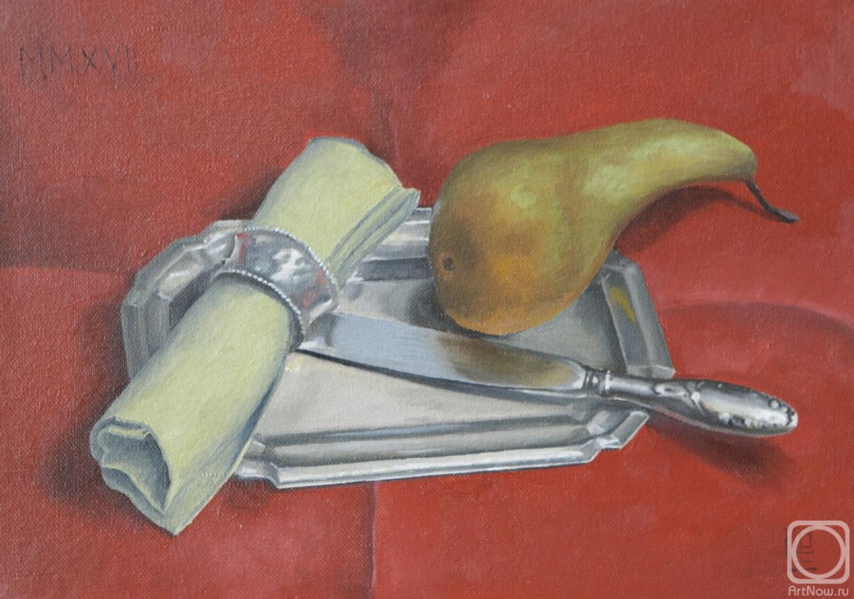Soloviev Leonid. Still life with pear and knife on silver tray