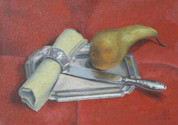 Still life with pear and knife on silver tray
