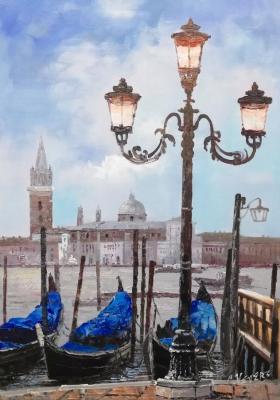 Gondolas at the marina overlooking San Giorgio Maggiore. CV Version. Vevers Christina