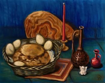Still life with rustic bread and eggs