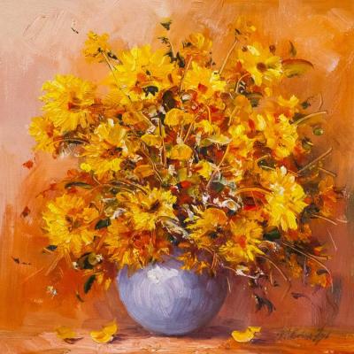 Bouquet of yellow asters on the table. Vlodarchik Andjei
