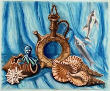 Still life with ceramics and sea shells. Lukaneva Larissa