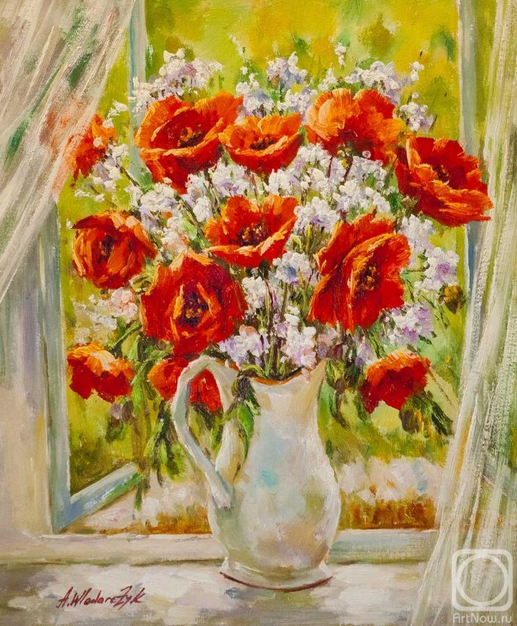 Vlodarchik Andjei. Bouquet of poppies in a white jug