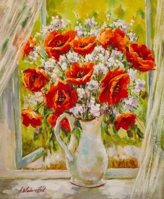 Bouquet of poppies in a white jug