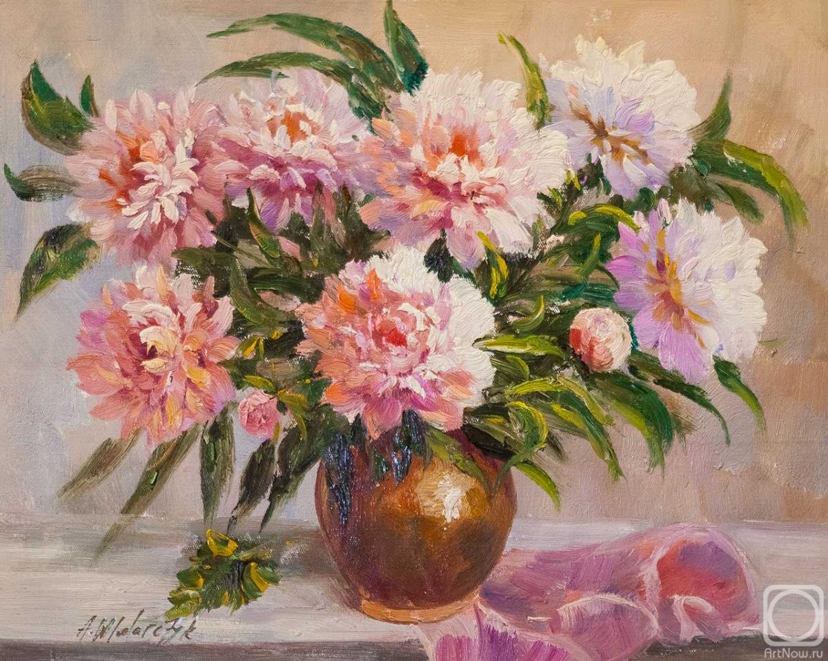 Vlodarchik Andjei. Bouquet of peonies in a clay vase
