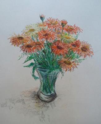 Summer bouquet. Bellis. Original pastel drawing. Klyan Elena