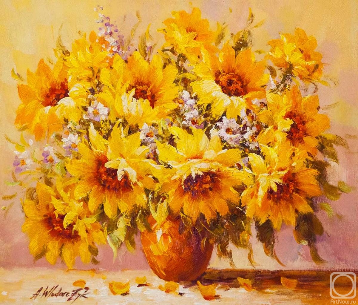 Vlodarchik Andjei. Bouquet with sunflowers in a round vase